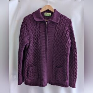 Shades Of Aran Ireland Purple Wool Fisherman Cable Knit Zipper Cardigan Sweater